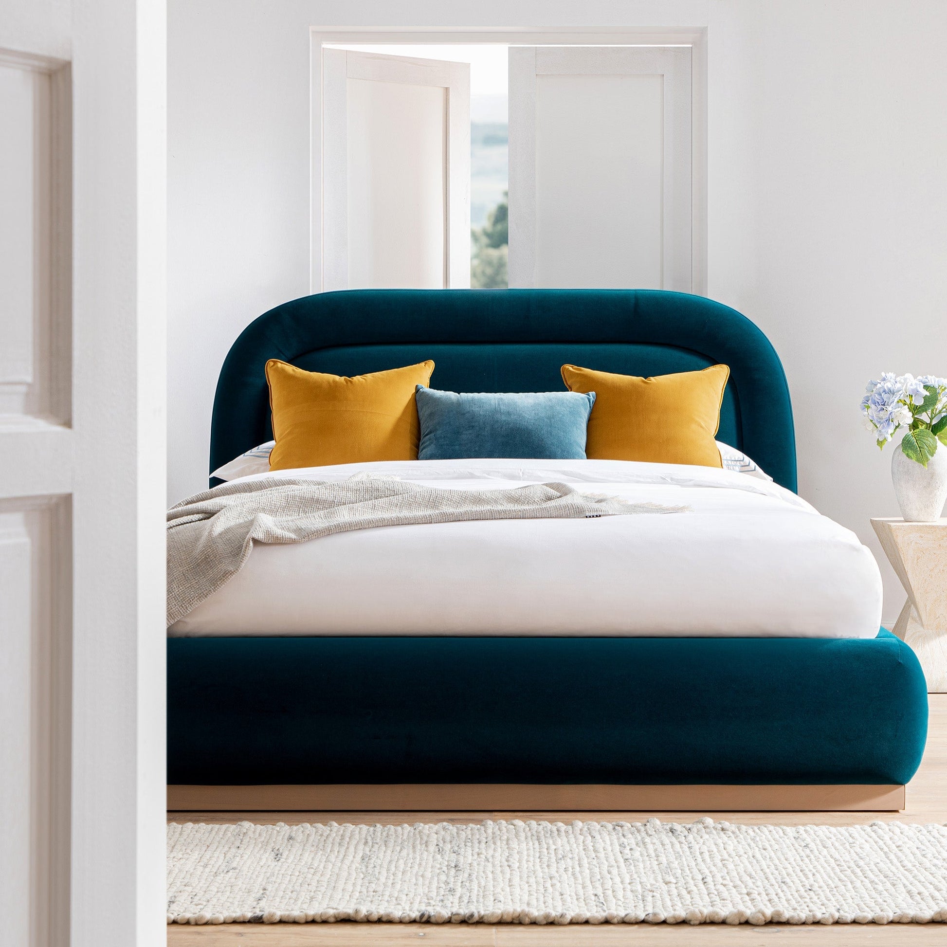 Luella Upholstered Wooden Plinth Base Bed with Storage, Teal Velvet