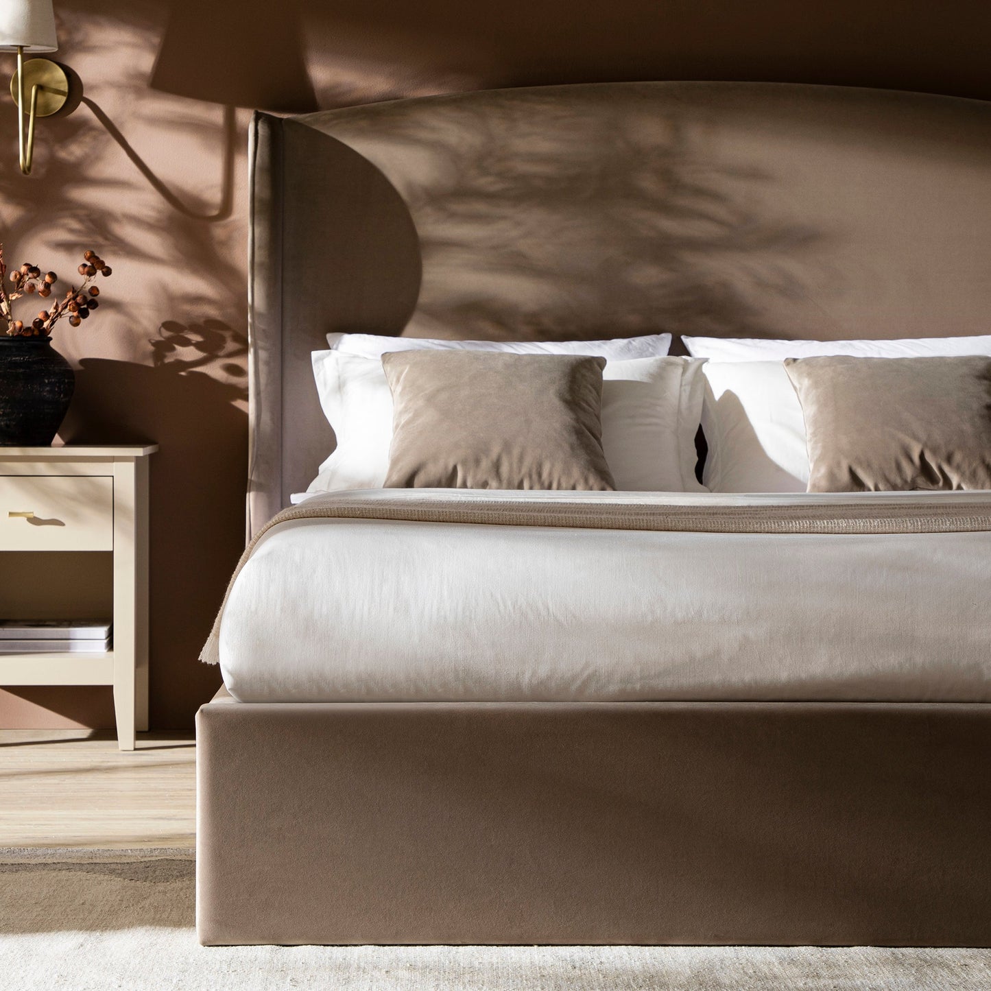 Kimberly Winged Upholstered Bed with Storage, Taupe Velvet