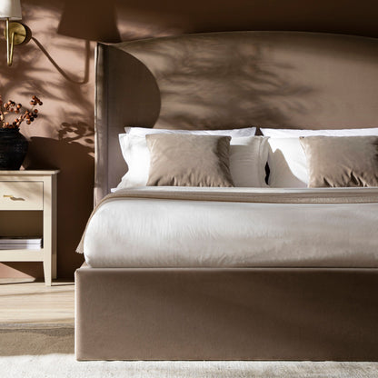 Kimberly Winged Upholstered Bed with Storage, Taupe Velvet
