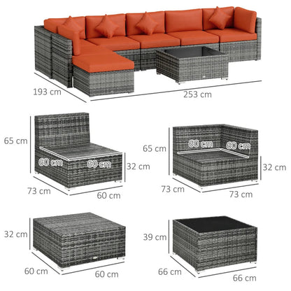 Eight-Piece Rattan Outdoor Sofa Set - Orange/Grey