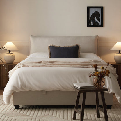 Kricia Upholstered Bed with Storage with Pillow Headboard, Oatmeal Chevron