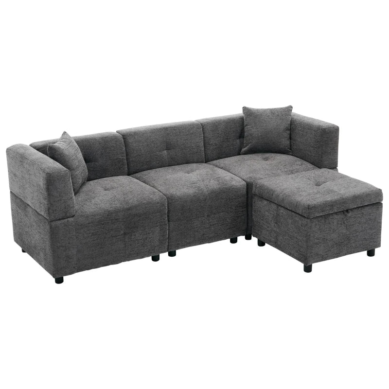 Grey L-Shaped Sectional Sofa with Removable Storage Ottoman & 2 Pillows – Fabric Upholstered (204L x 68W x 69H cm)