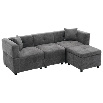 Grey L-Shaped Sectional Sofa with Removable Storage Ottoman & 2 Pillows – Fabric Upholstered (204L x 68W x 69H cm)