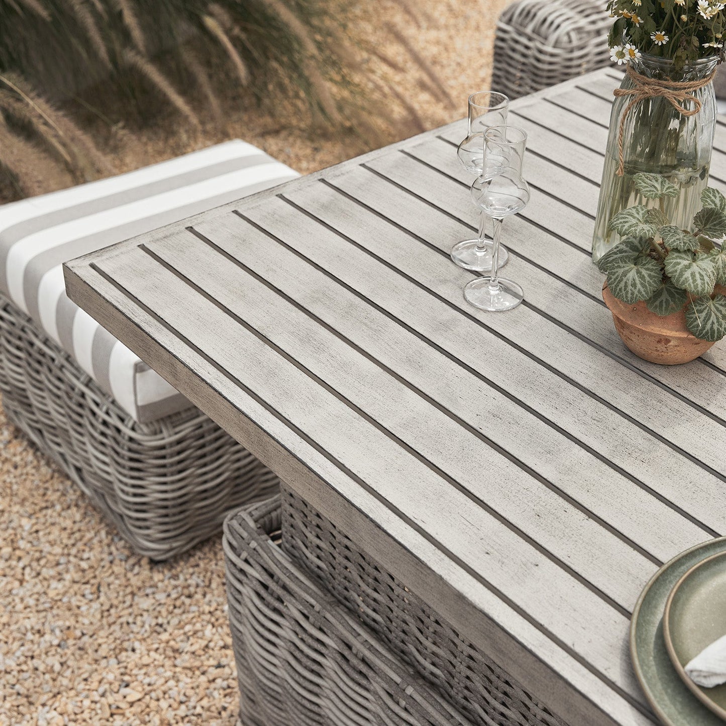 Bellagio Round Wicker Large Corner Casual Dining Set with Rising Table, Light Grey with Taupe Stripes