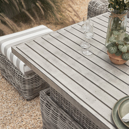Bellagio Round Wicker Large Corner Casual Dining Set with Rising Table, Light Grey with Taupe Stripes