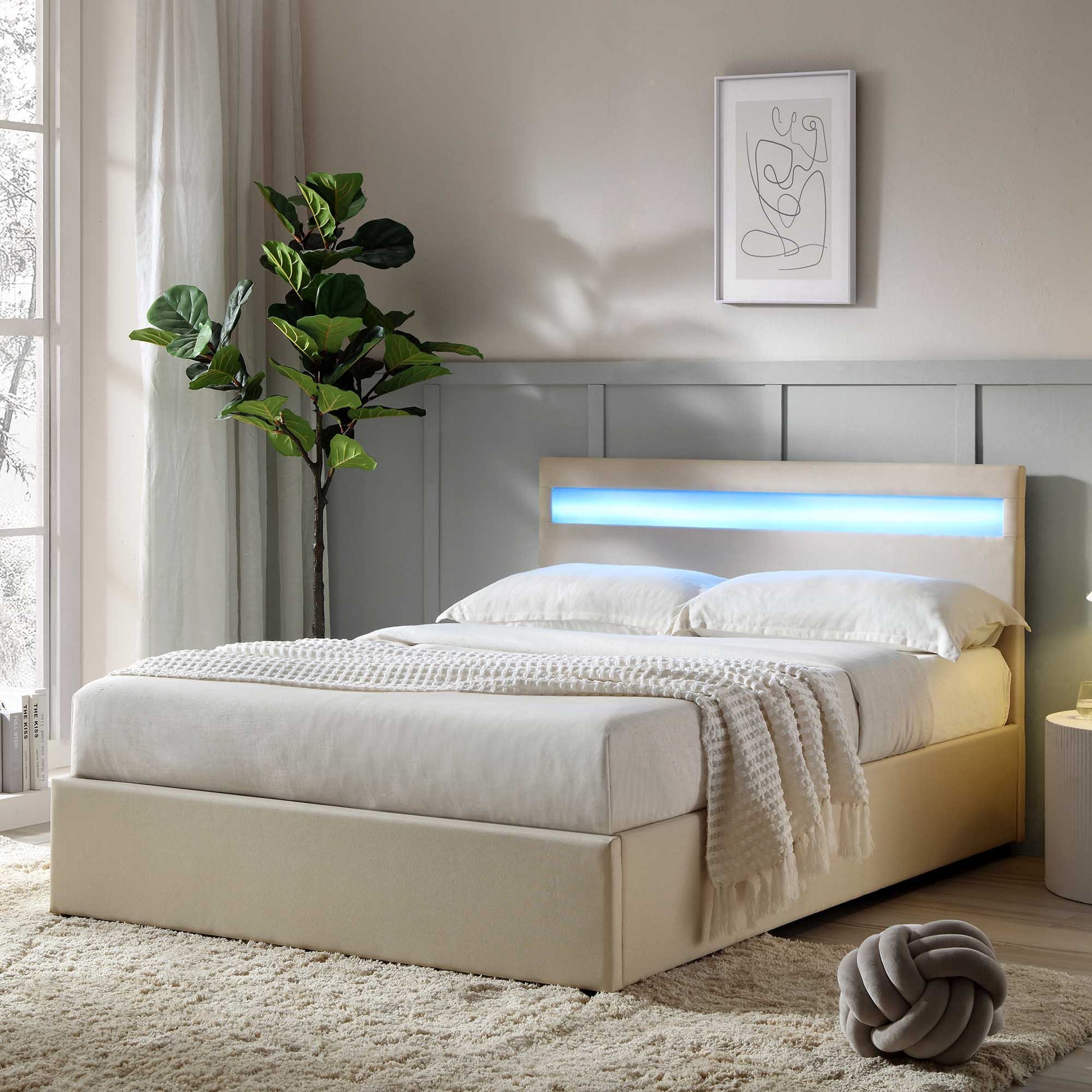 Pimlico End Opening Ottoman Bed with Storage Frame with Multi-colour LED Headboard (Beige Fabric)