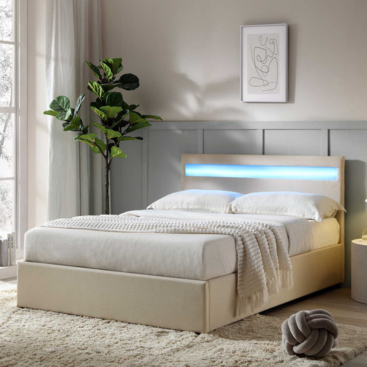 Pimlico End Opening Ottoman Bed with Storage Frame with Multi-colour LED Headboard (Beige Fabric)