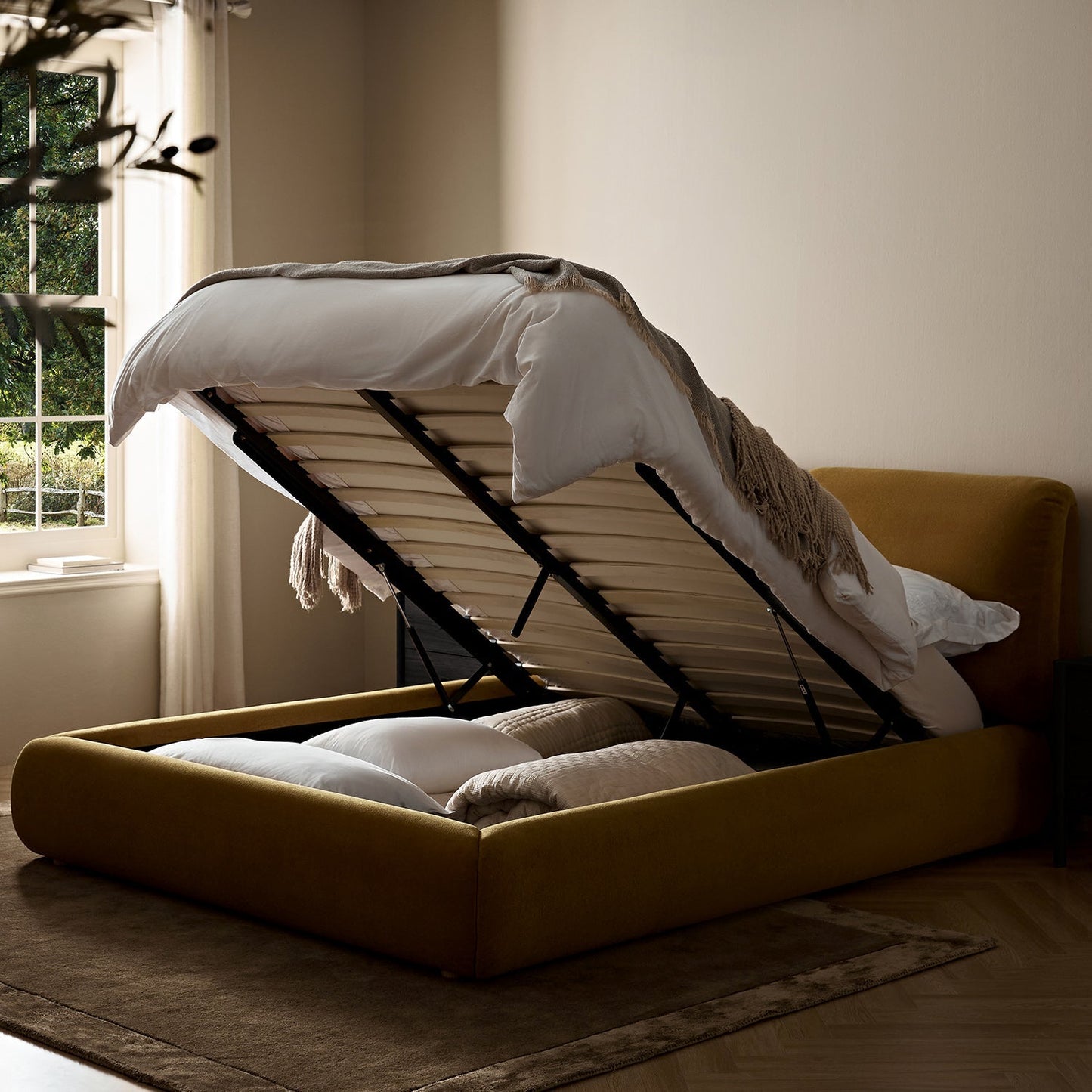 Thera Pillow Headboard Upholstered Bed, Burnt Ochre Chenille