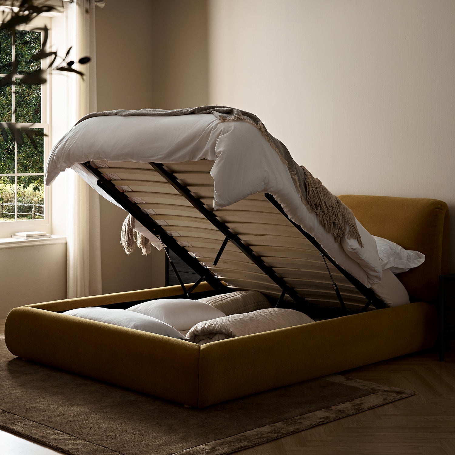 Thera Pillow Headboard Upholstered Bed, Burnt Ochre Chenille