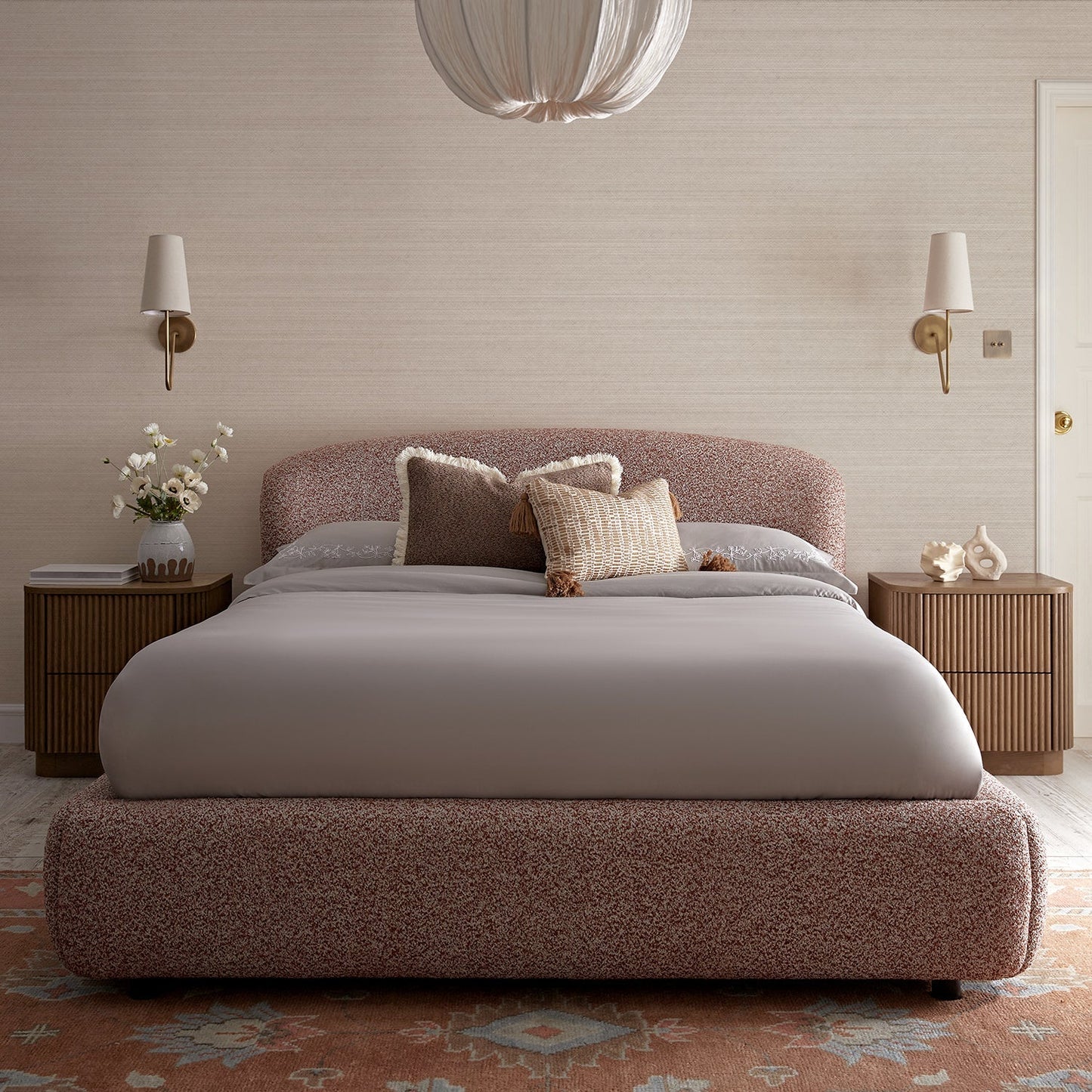 Constance Winged Headboard Ottoman Bed with Storage, Musk Blush Boucle