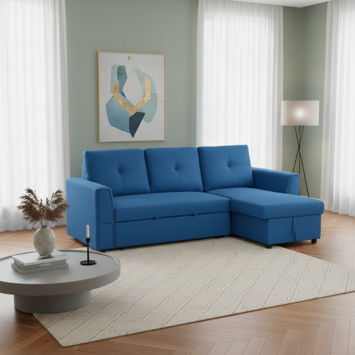 4-Seater Fabric Sofa Bed with Storage – Cobalt Blue for Living Room
