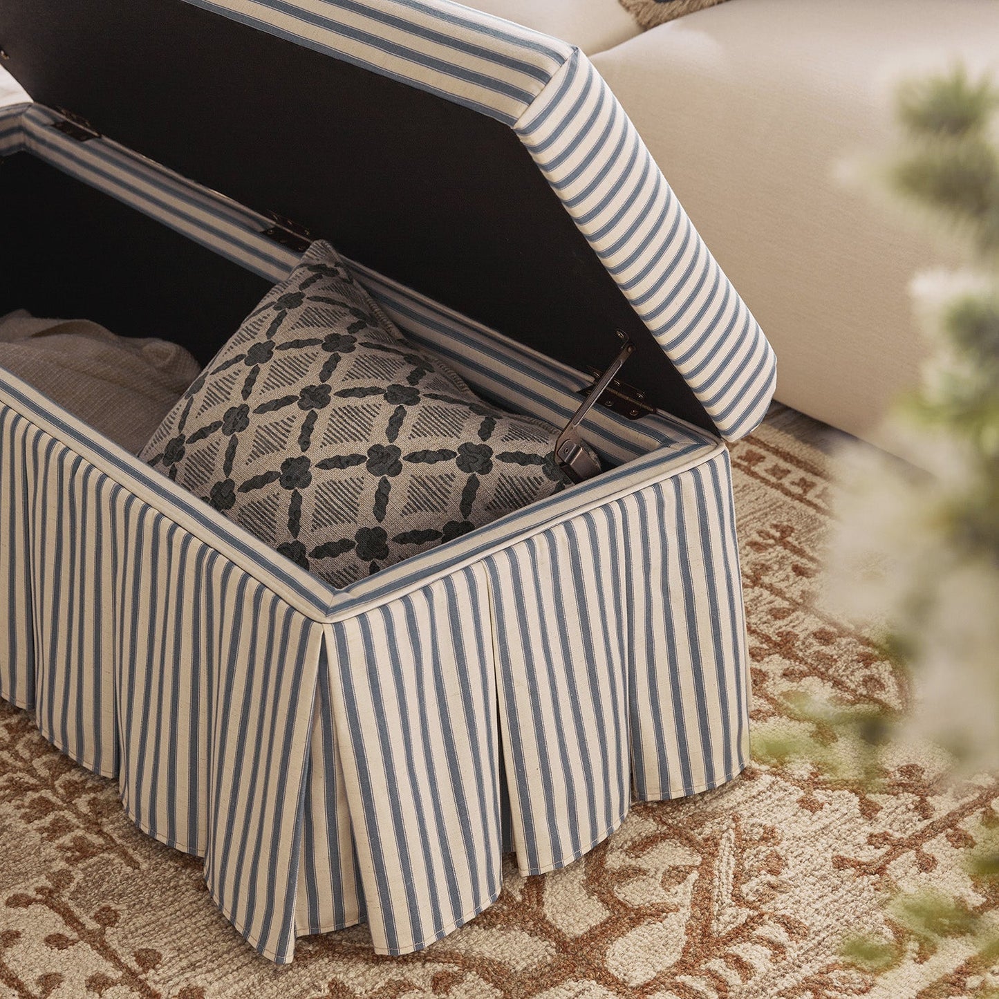 Egerton Box-Pleat Storage Bench, Blue Striped Linen