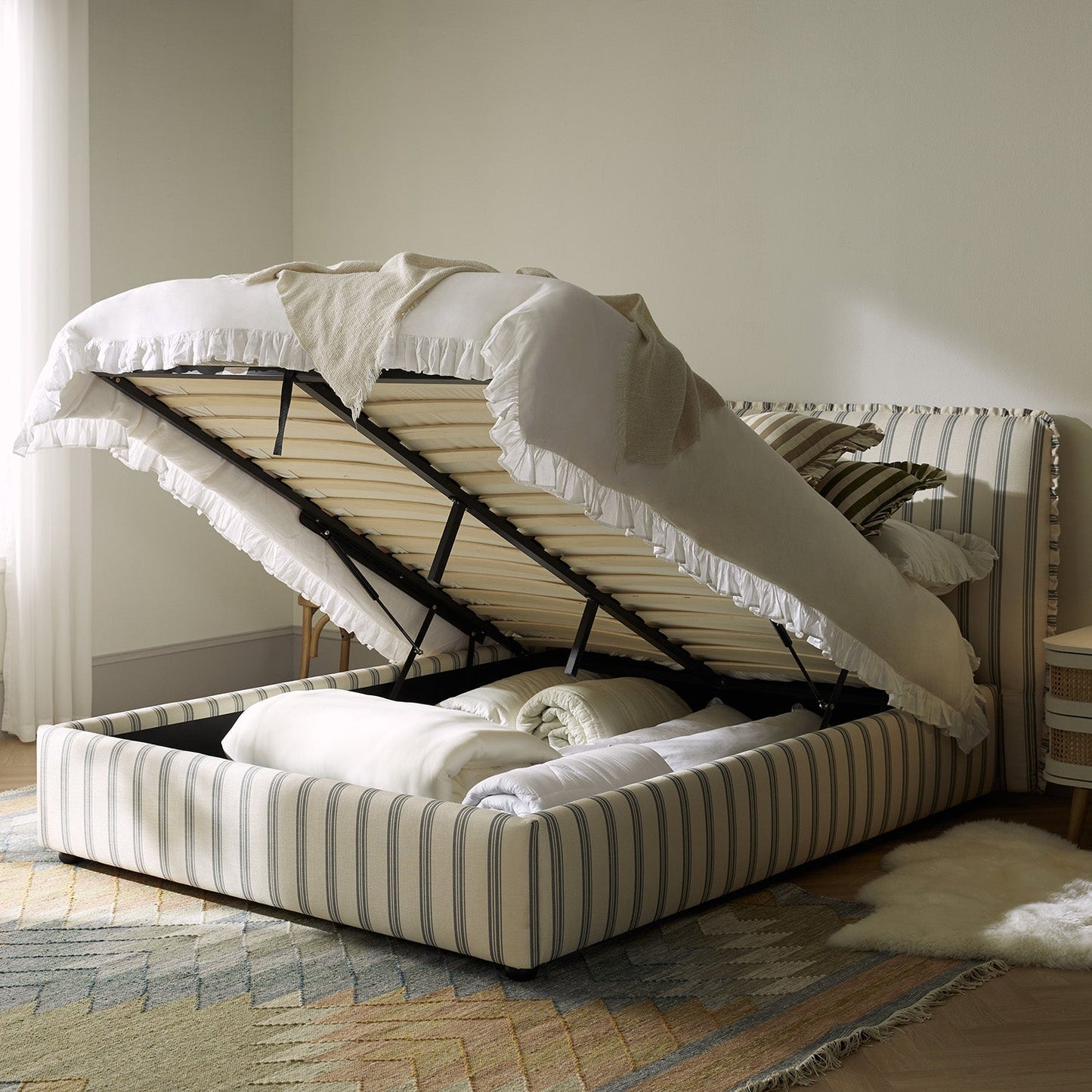 Celeste Upholstered Bed with Storage with Ruffled Headboard, Laurel Green Stripe