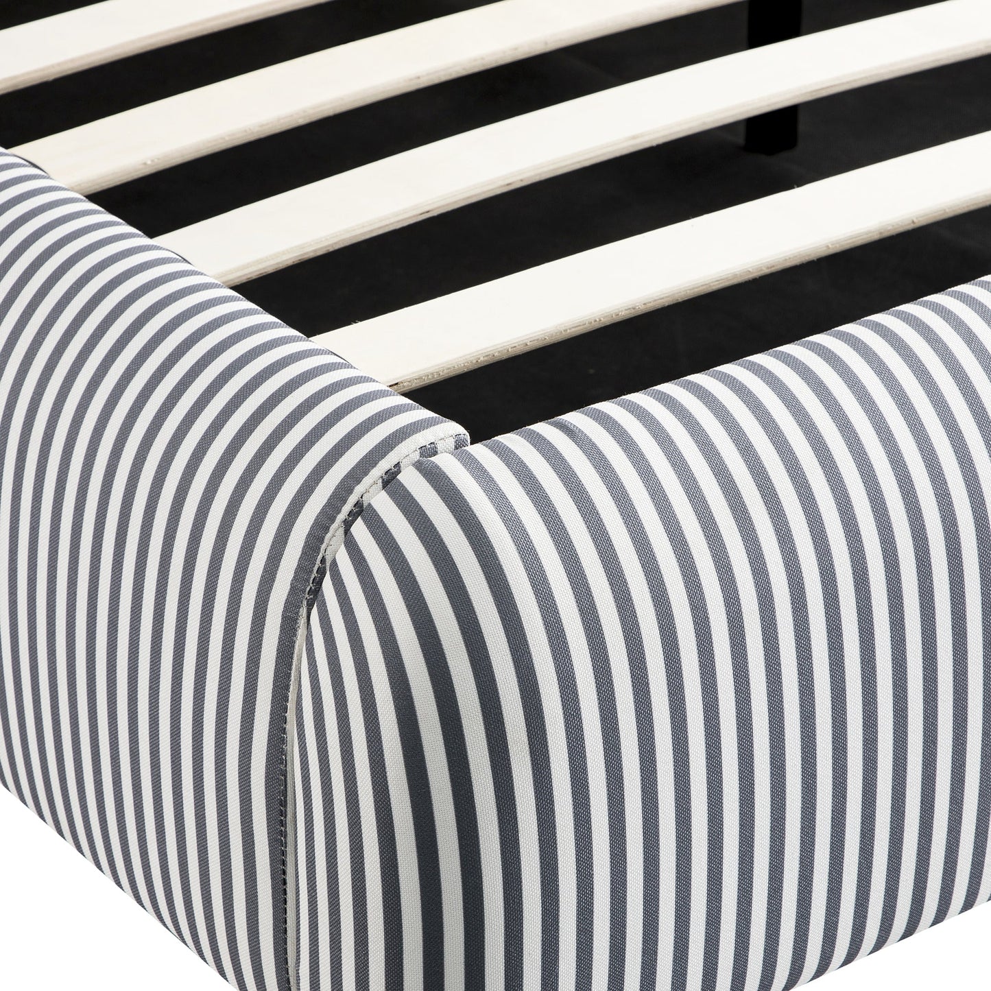 Egerie Curved Headboard Slate Blue Striped Fabric Ottoman Bed with Storage