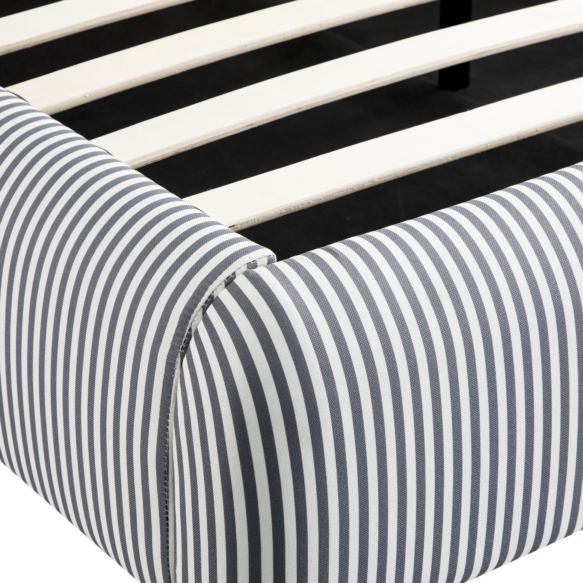 Egerie Curved Headboard Slate Blue Striped Fabric Ottoman Bed with Storage