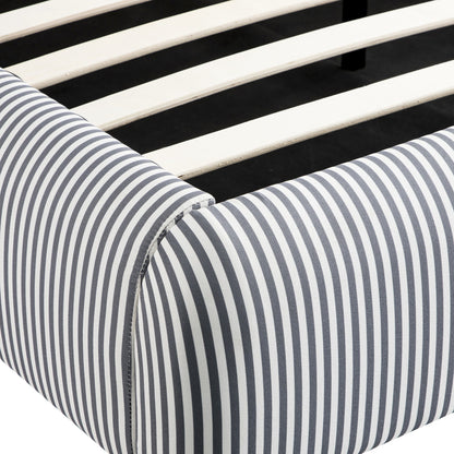 Egerie Curved Headboard Slate Blue Striped Fabric Ottoman Bed with Storage