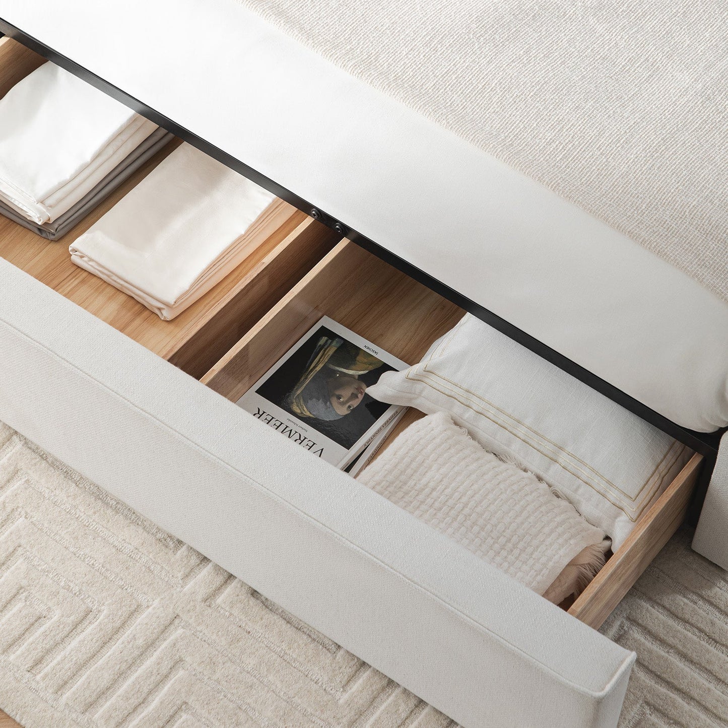 Forte Drawer Bed with Storage, Beige Linen Blend