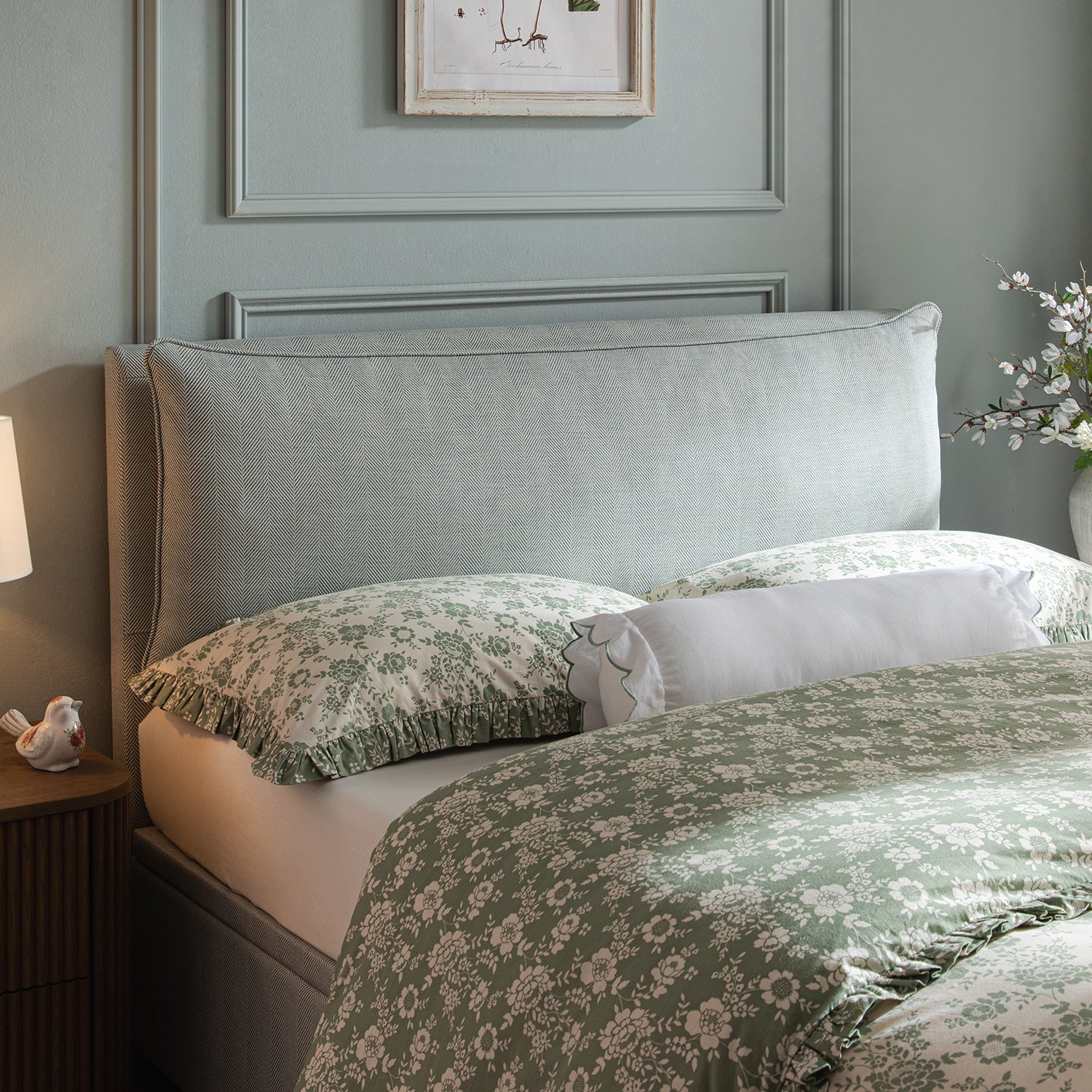 Kricia Upholstered Bed with Storage with Pillow Headboard, Slate Blue Chevron
