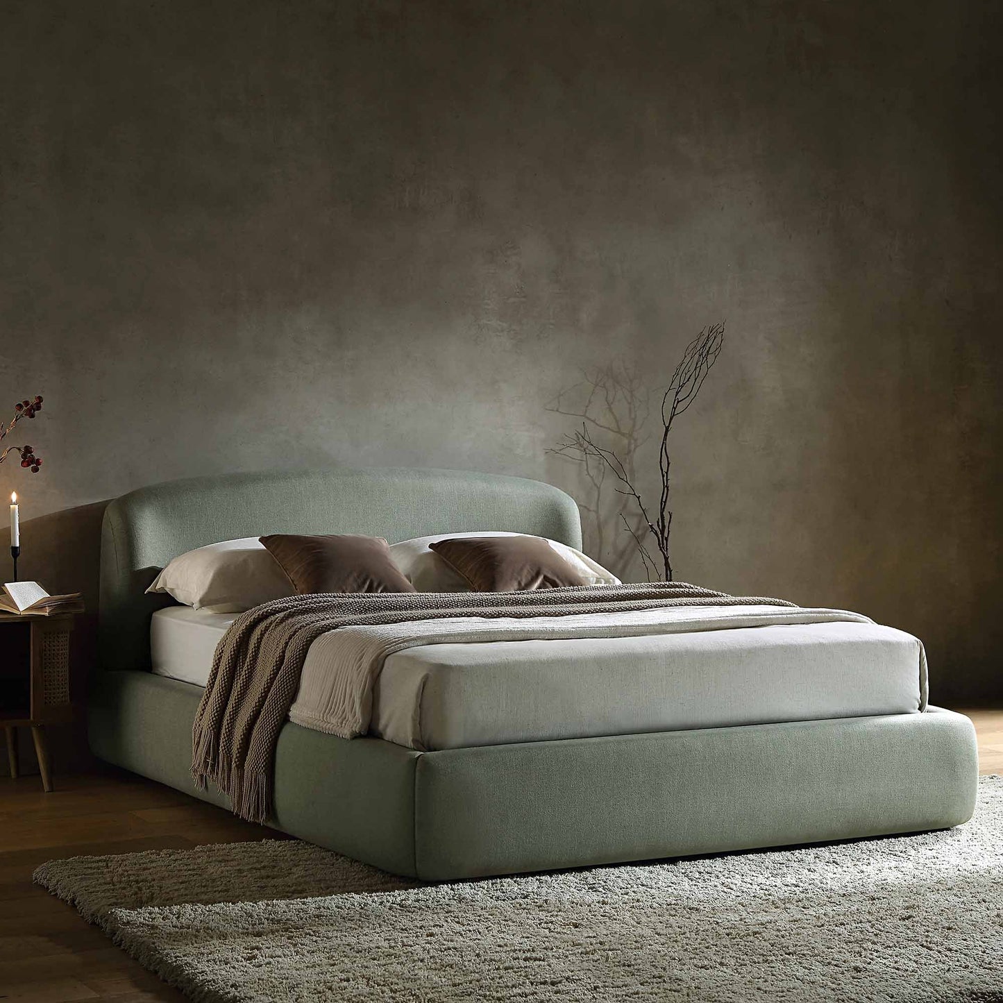 Constance Winged Headboard Ottoman Bed with Storage, Olive Linen