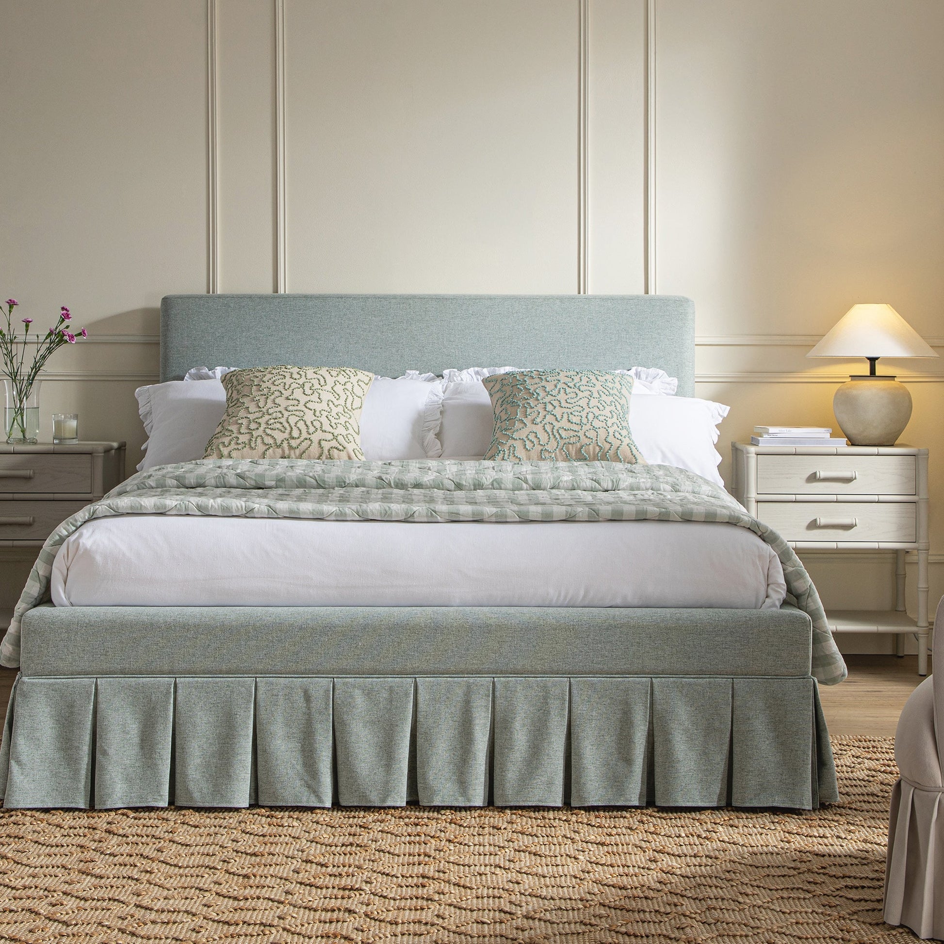 Egerton Box-Pleat Ottoman Bed with Storage, Pale Aqua Brushed Fabric