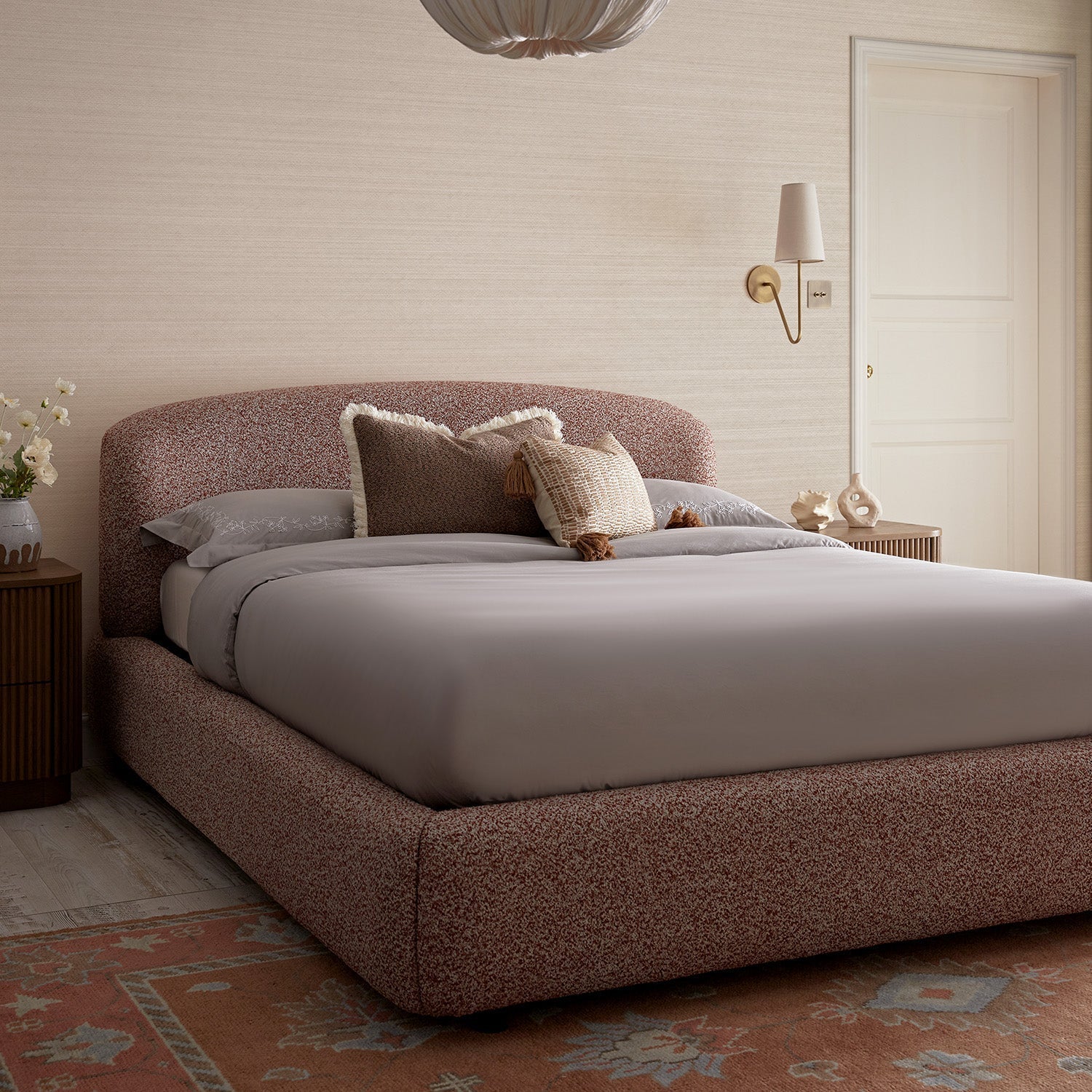 Constance Winged Headboard Ottoman Bed with Storage, Musk Blush Boucle