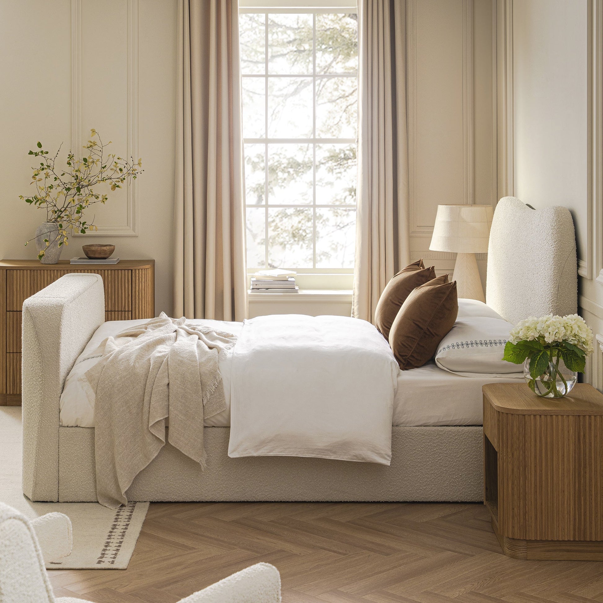 Egerie Curved Headboard Beige Boucle TV Bed with Ottoman Storage