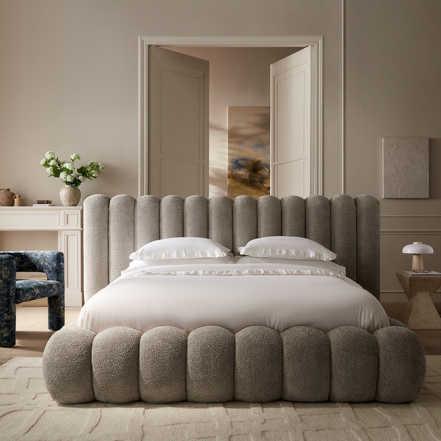 Sebastian Grand Bed with Storage, Stone Teddy Bouclé