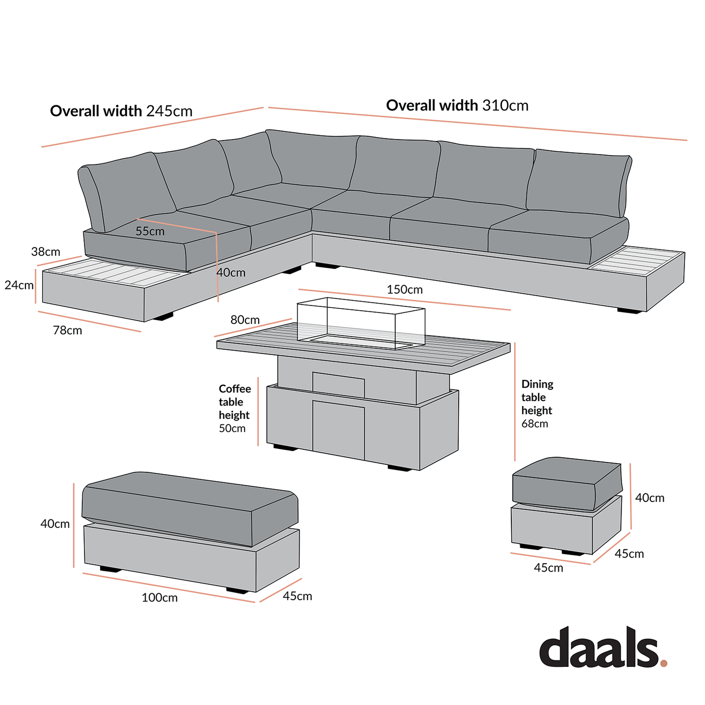 Jardin Aluminium Large Corner Casual Garden Dining Set with Rising Firepit Table, Pumice