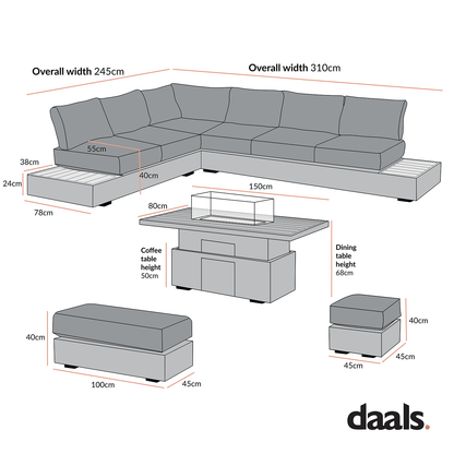 Jardin Aluminium Large Corner Casual Garden Dining Set with Rising Firepit Table, Pumice