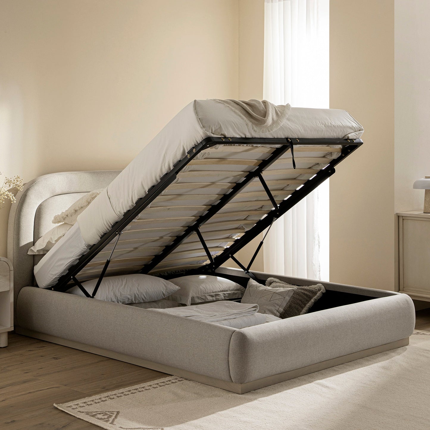 Luella Upholstered Wooden Plinth Base Bed with Storage, Sand Fabric