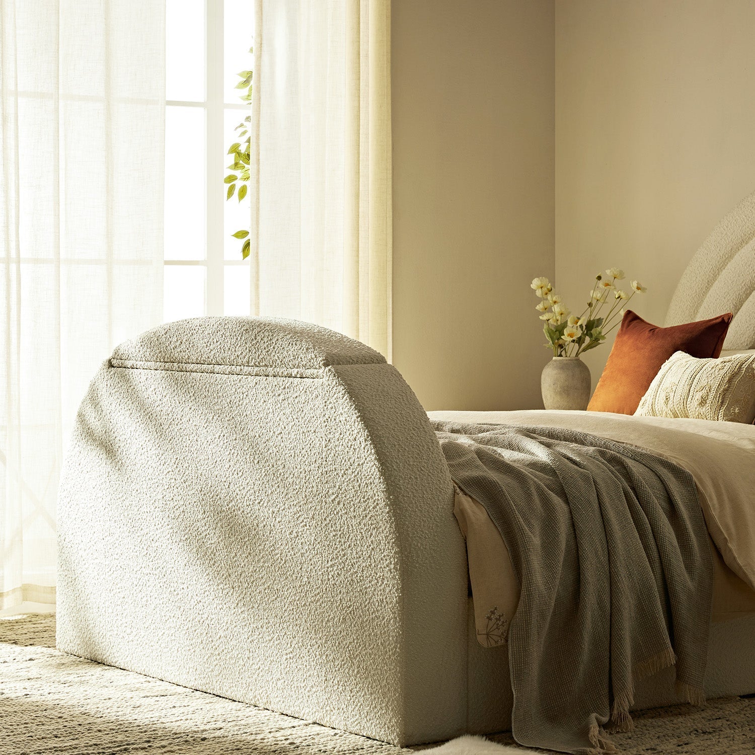 Archer White Boucle TV Bed with Ottoman Storage