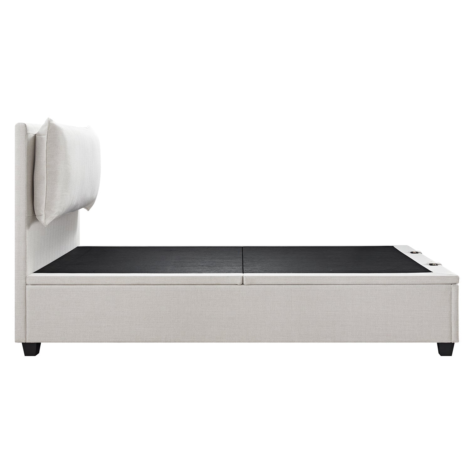 Kricia Upholstered Bed with Storage with Pillow Headboard, Oatmeal Chevron