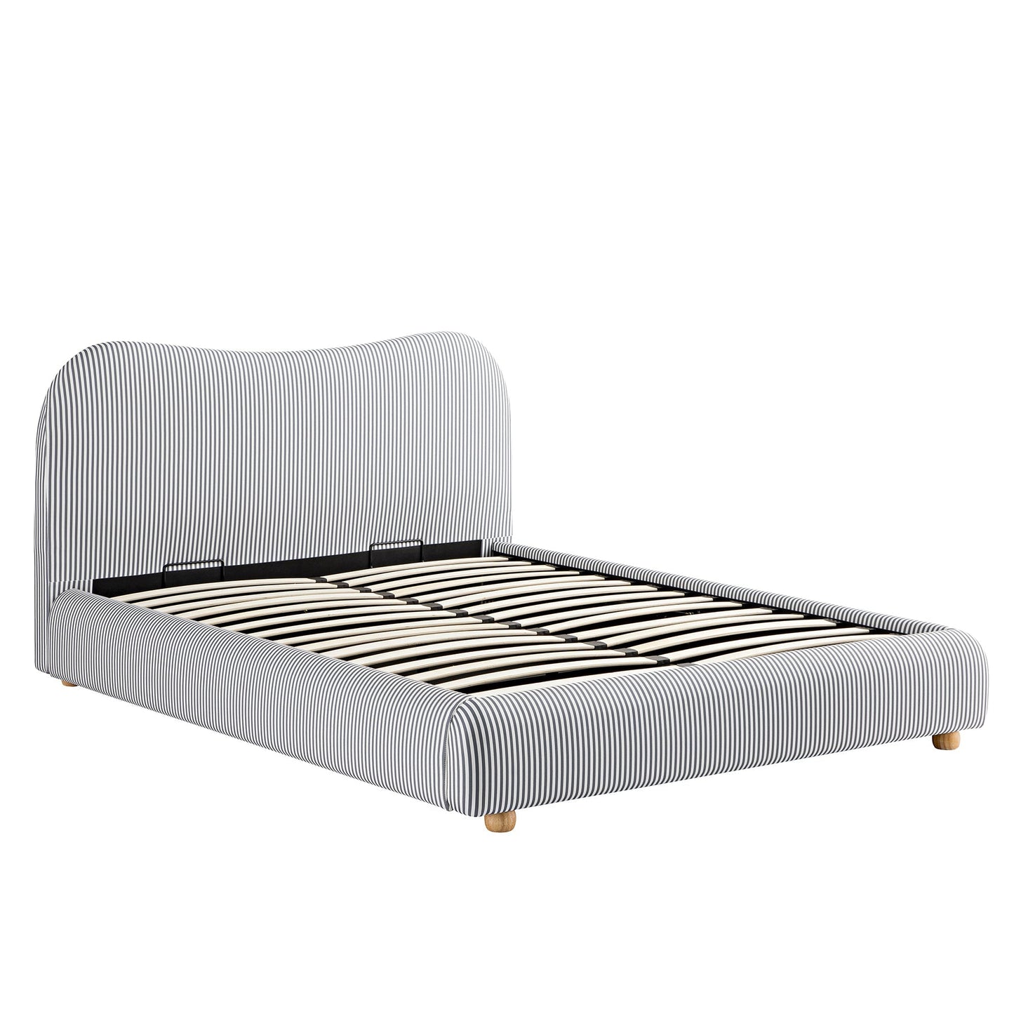 Egerie Curved Headboard Slate Blue Striped Fabric Ottoman Bed with Storage