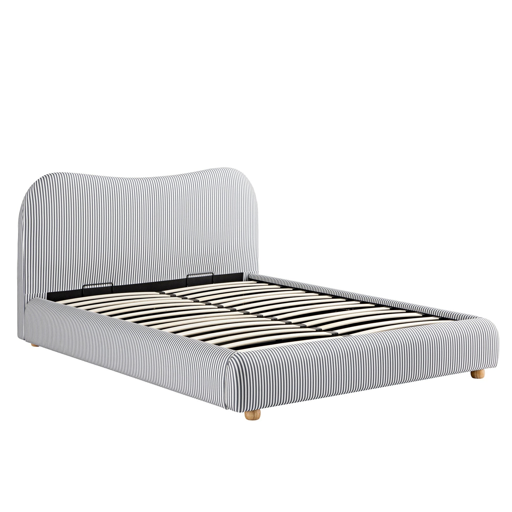 Egerie Curved Headboard Slate Blue Striped Fabric Ottoman Bed with Storage