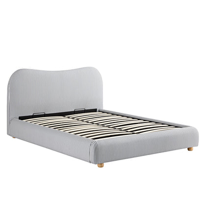 Egerie Curved Headboard Slate Blue Striped Fabric Ottoman Bed with Storage