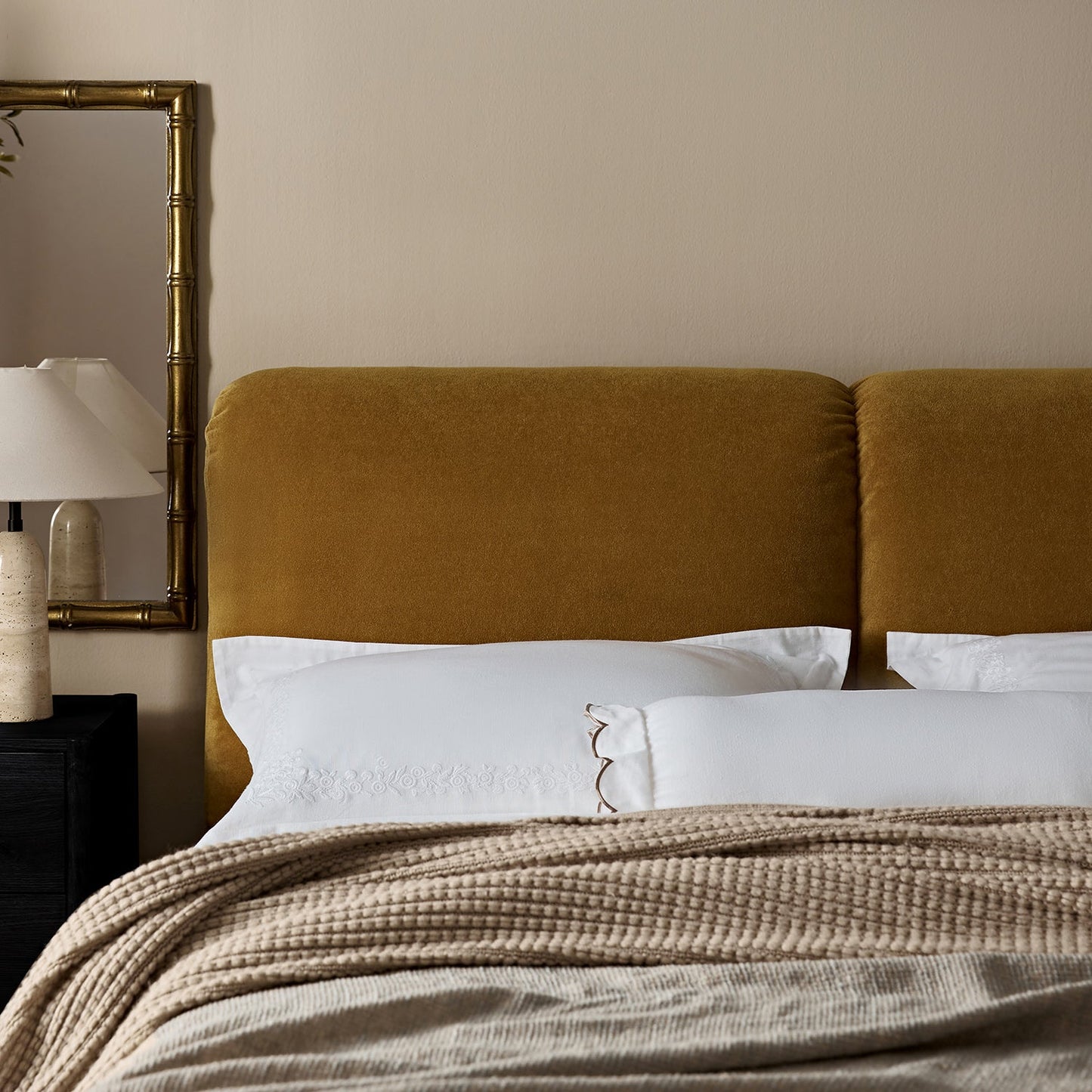 Thera Pillow Headboard Upholstered Bed, Burnt Ochre Chenille