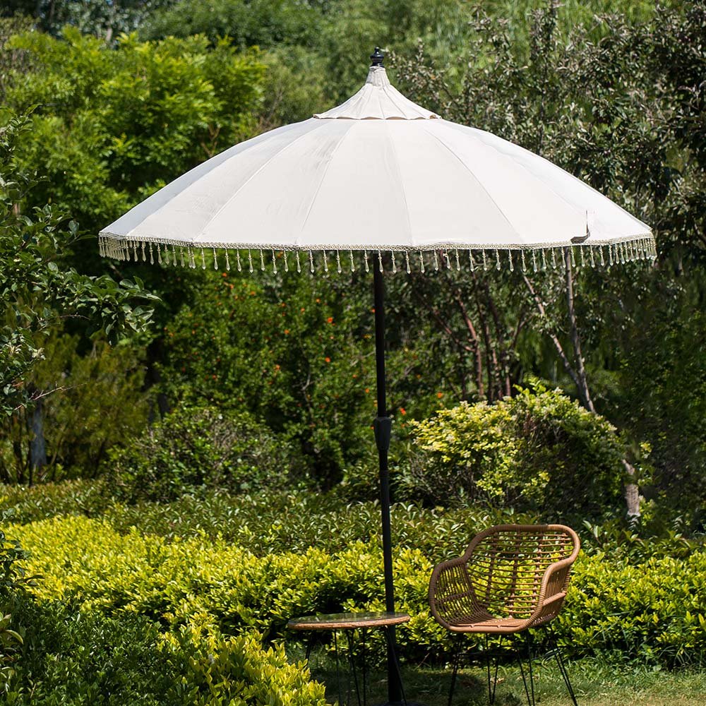 Hacienda 2.4M Beige Beaded Carousel Garden Parasol with Fringe Tassels and Aluminium Tilt