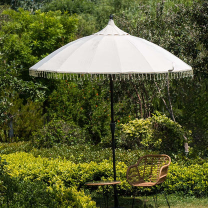 Hacienda 2.4M Beige Beaded Carousel Garden Parasol with Fringe Tassels and Aluminium Tilt