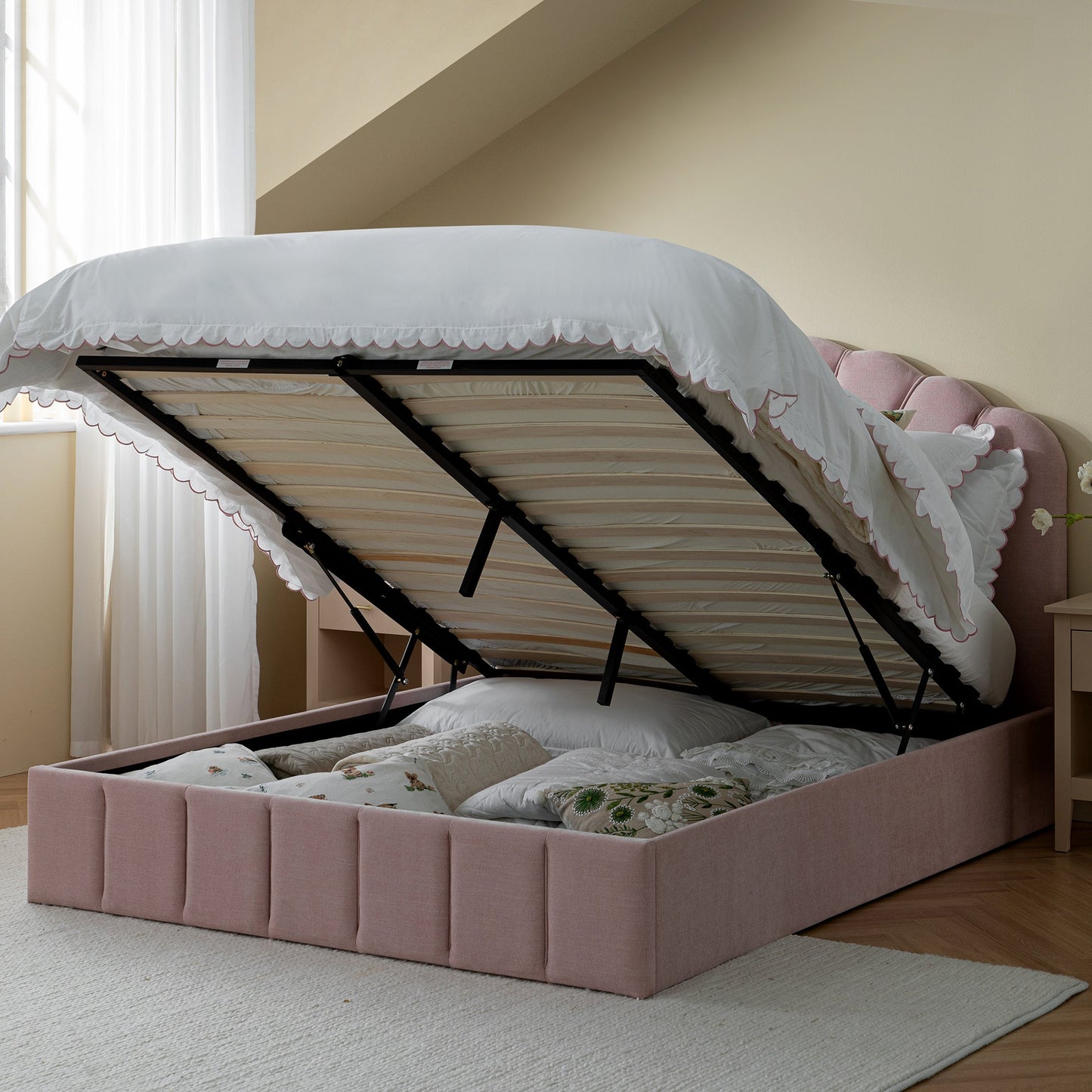 Hana Ottoman Bed with Storage, Petal Pink Chenille