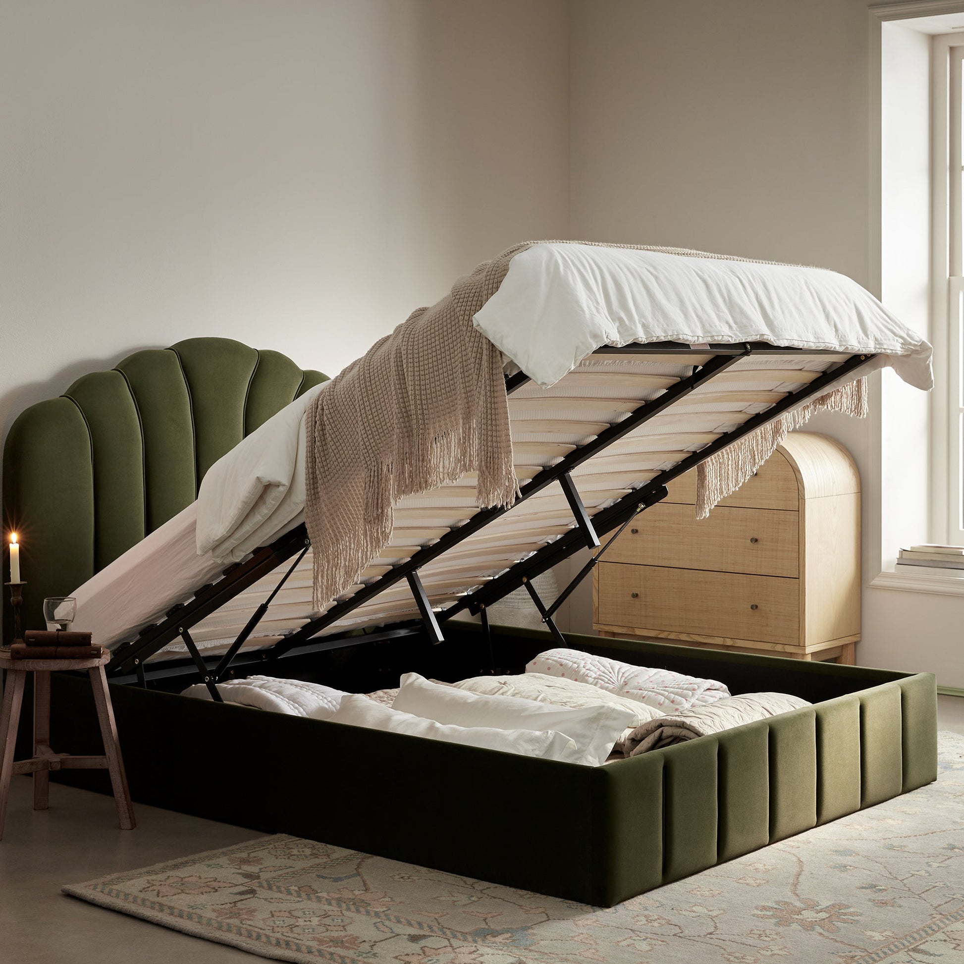 Hana Ottoman Bed with Storage, Moss Green Velvet