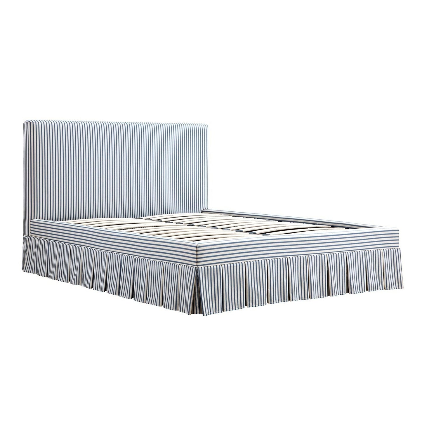 Egerton Box-Pleat Ottoman Bed with Storage, Blue Striped Linen
