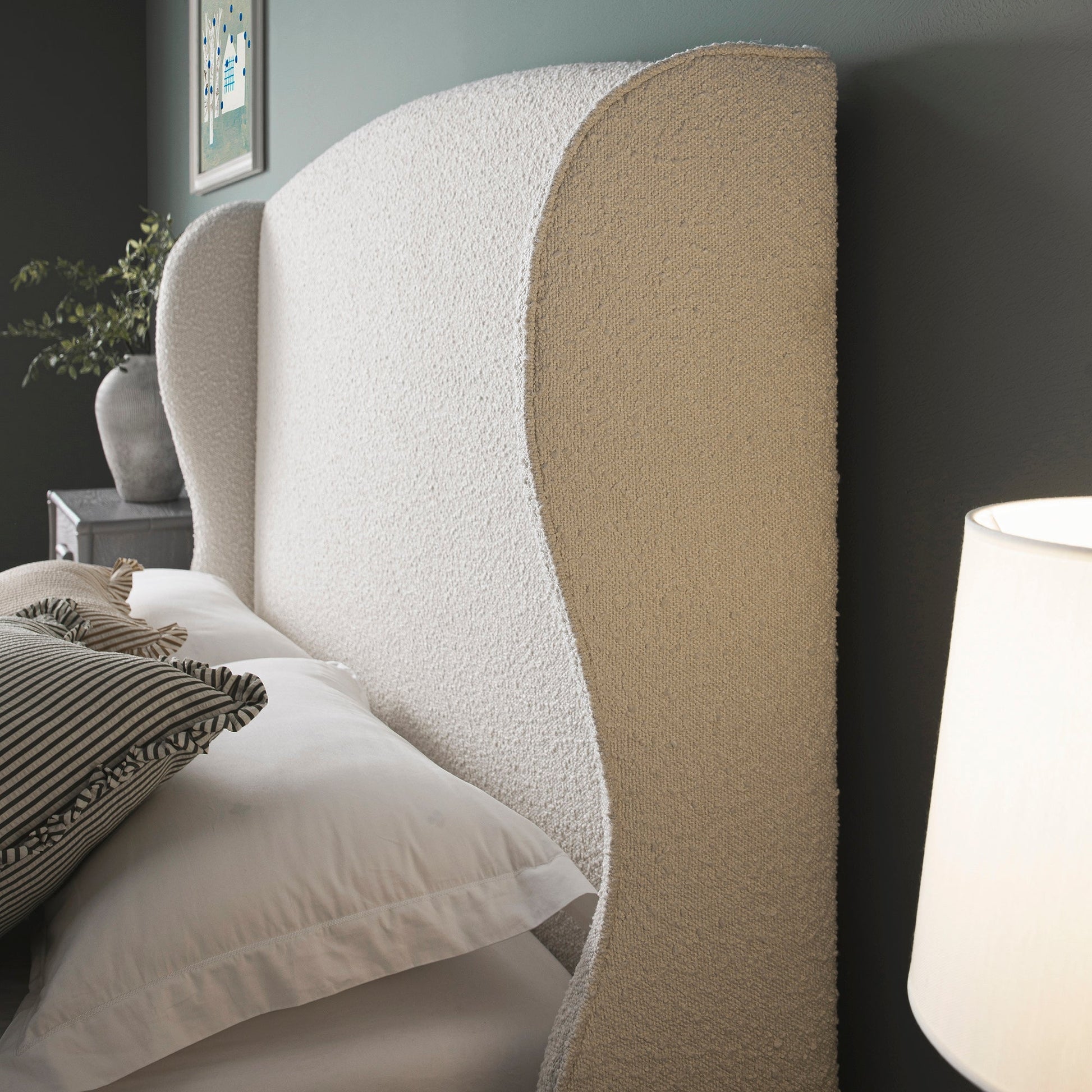 Kimberly Winged Upholstered Bed with Storage, Ecru Boucle