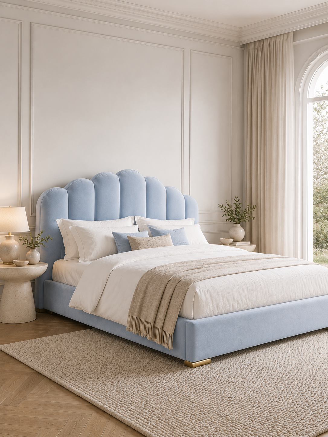 Luna Scalloped Shell Velvet Ottoman Storage Bed – Powder Blue