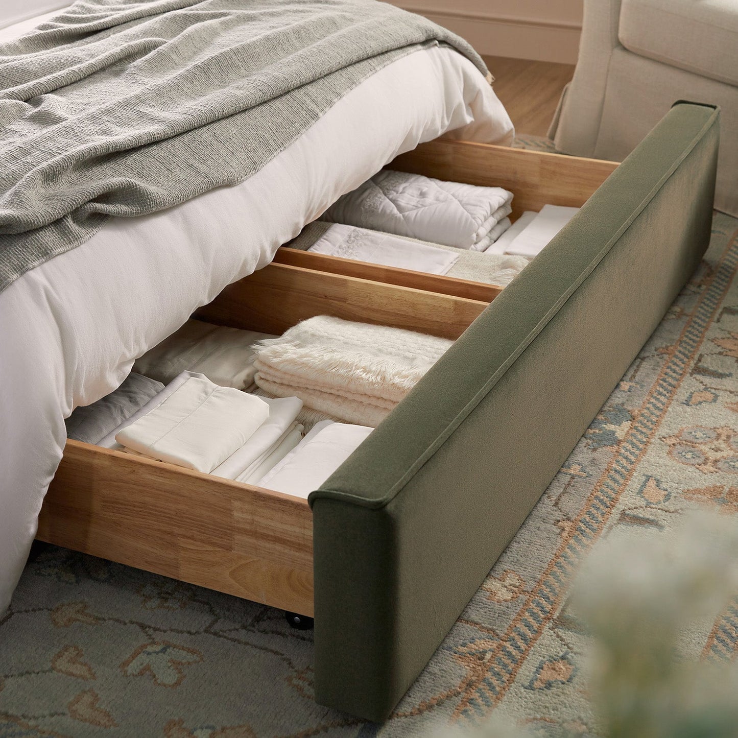 Forte Drawer Bed with Storage, Dried Herb Mohair