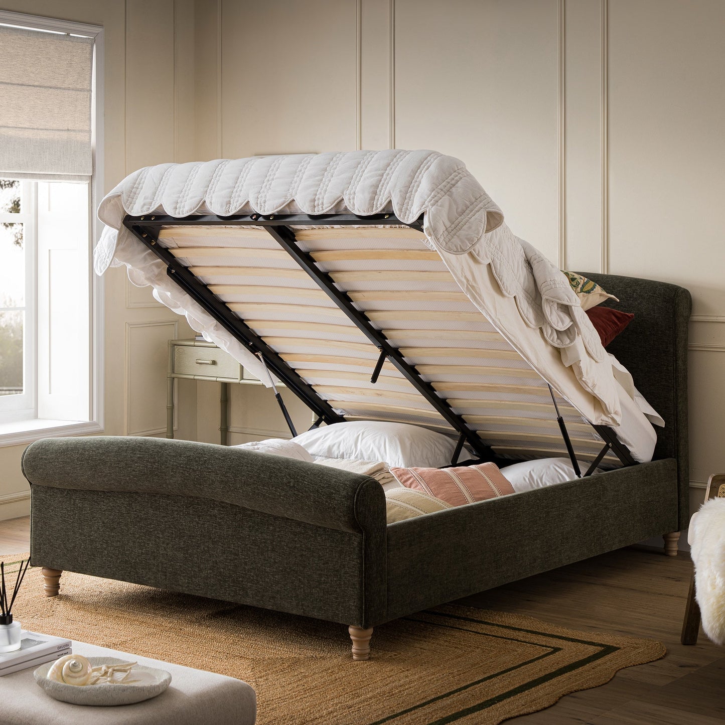 Porchester Ottoman Bed with Storage, Sleigh, Forest Green Chenille