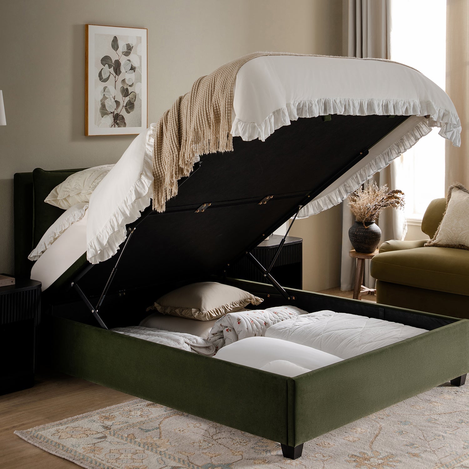 Kricia Upholstered Bed with Storage with Pillow Headboard, Moss Green Velvet