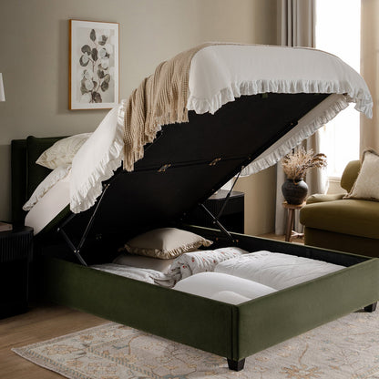 Kricia Upholstered Bed with Storage with Pillow Headboard, Moss Green Velvet