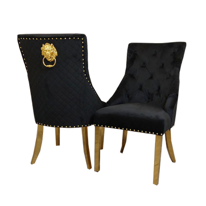 Bentley Gold Dining Chair – Gold Lion Knocker , Studded Border , Quilted Back.