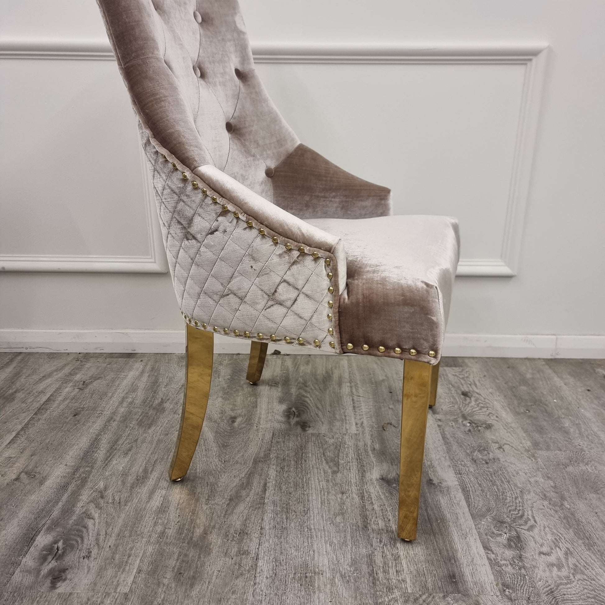 Bentley Gold Dining Chair – Gold Lion Knocker , Studded Border , Quilted Back.