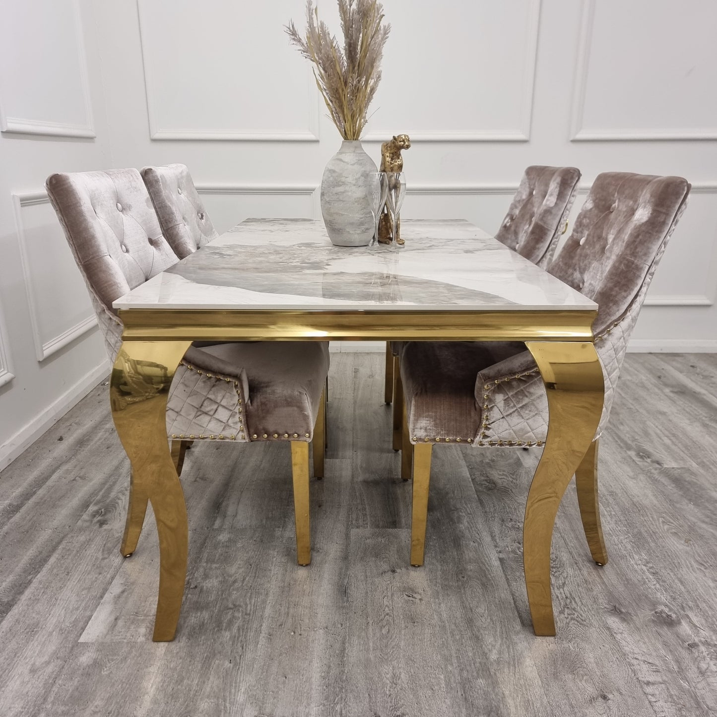Bentley Gold Dining Chair – Gold Lion Knocker , Studded Border , Quilted Back.